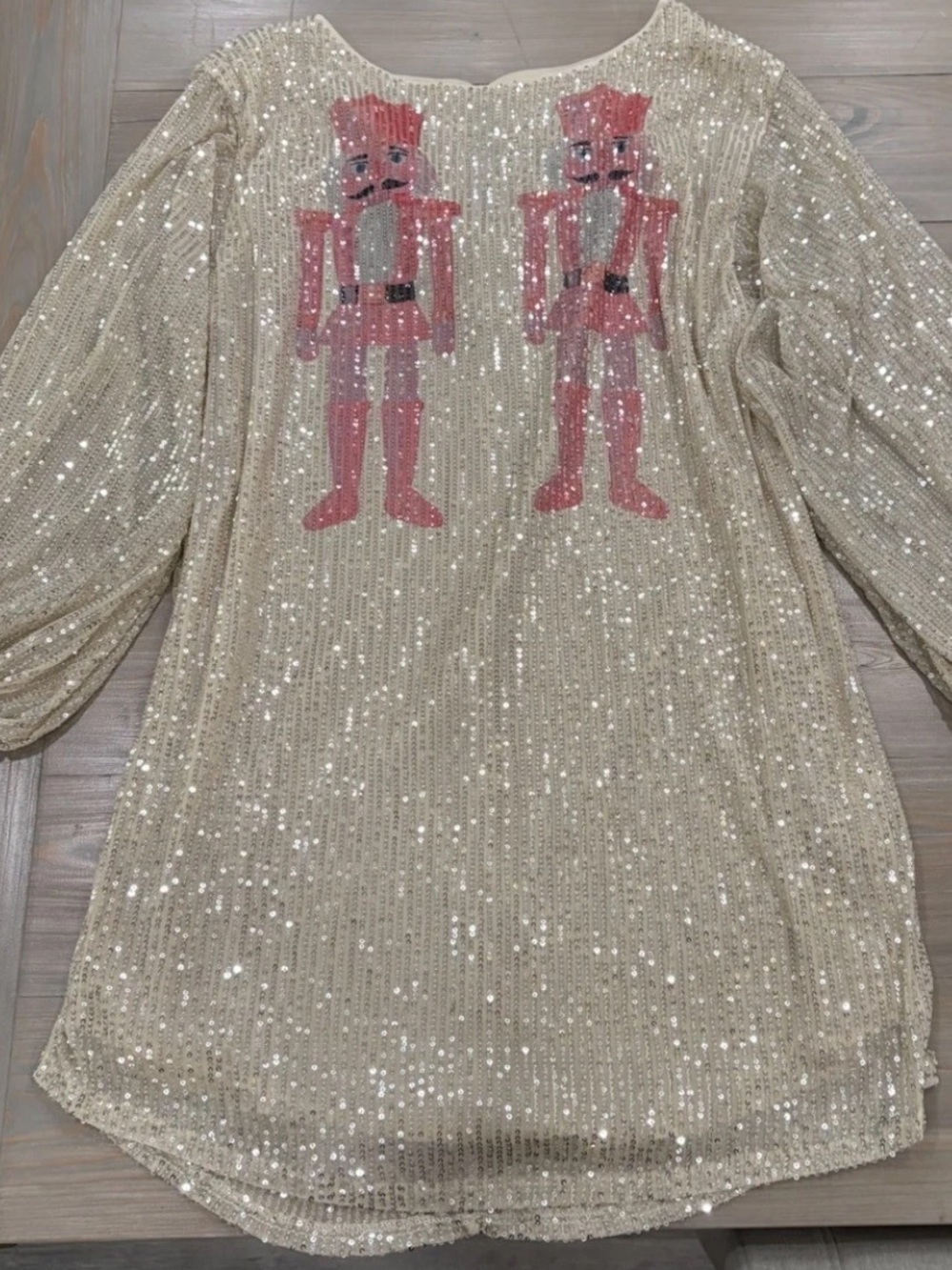 Judith March LS Ivory Sequin Holiday Christmas Dress with Pink Nutcrackers XL